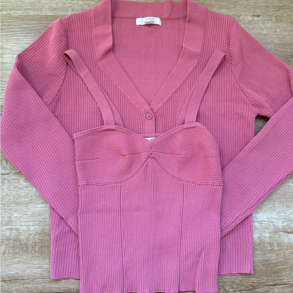 Steve Madden Pink Ribbed Cardigan and Tank Set